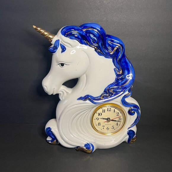 Vintage RARE Hand Painted Porcelain Blue & White Gold Unicorn Quartz Table Clock - Picture 2 of 12